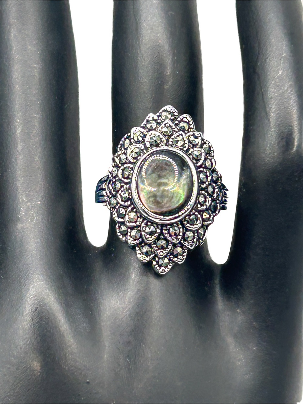 Vintage R.S. Covenant Art Deco Style Ring -Black Mother of Pearl & Marcasite